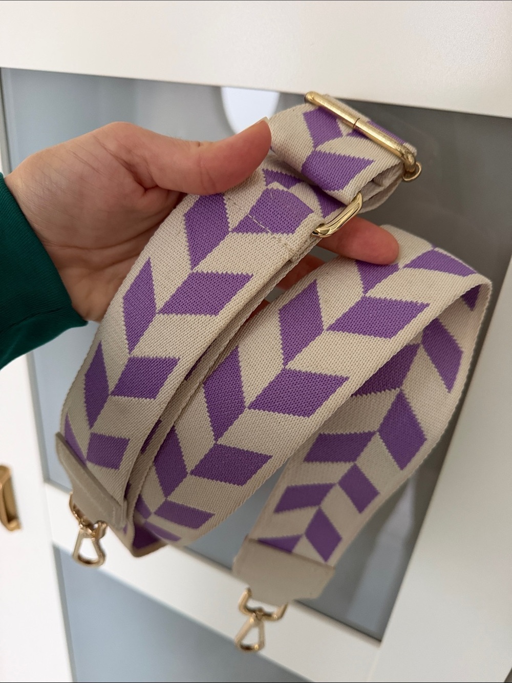 Anthropologie Wide Canvas Strap in Cream and Purple with Gold Hardware